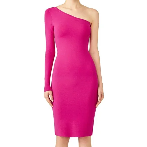 one arm pink dress One Shoulder Long Sleeve Dress in Hot Pink